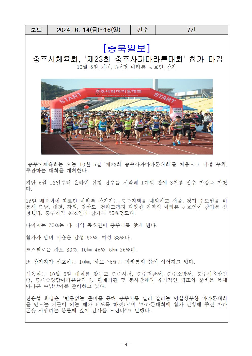 언론보도(제23회 충주사과마라톤대회 마감, 24. 6. 14일)(충북일보).jpg