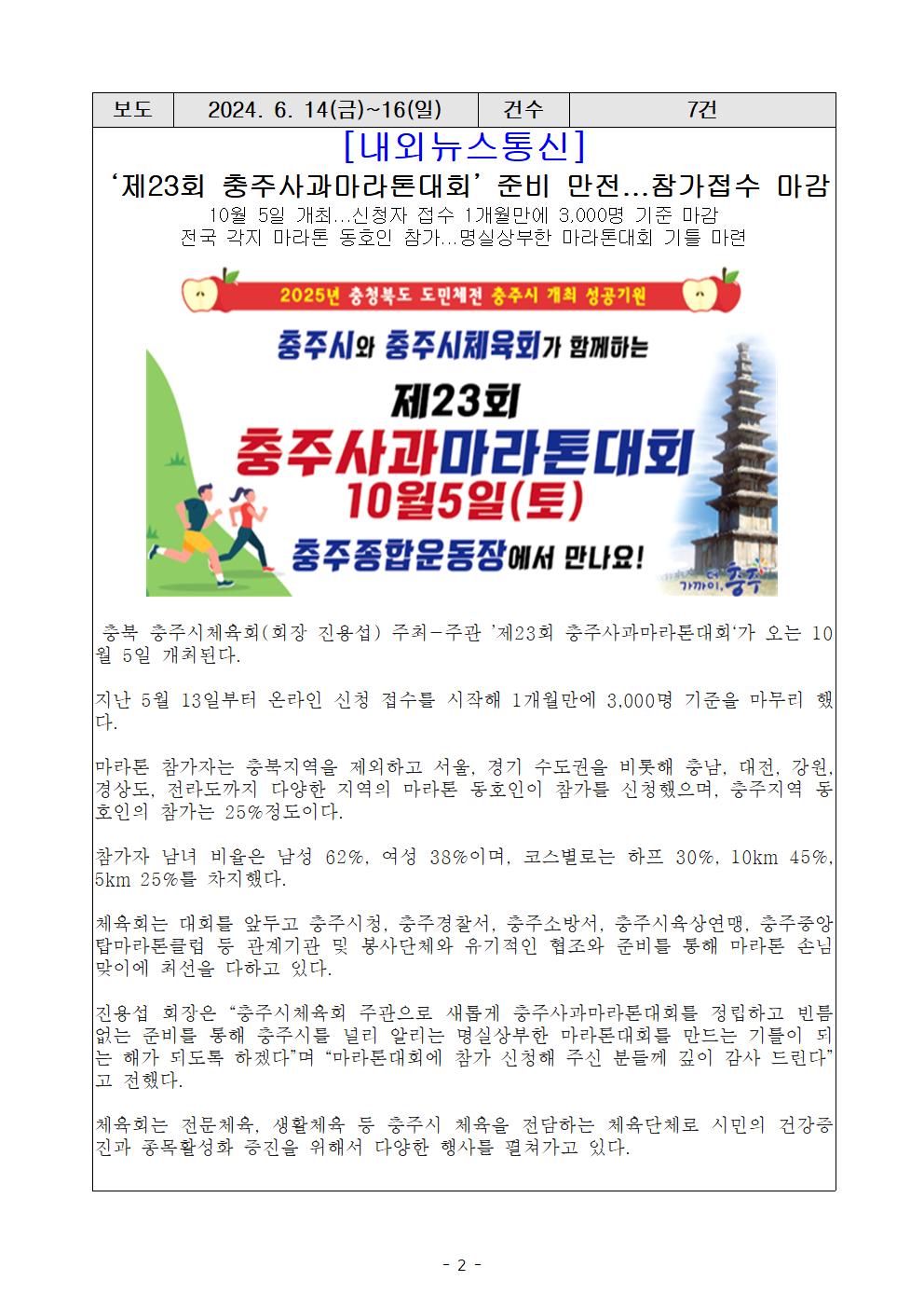 언론보도(제23회 충주사과마라톤대회 마감, 24. 6. 14일)(내외뉴스통신).jpg